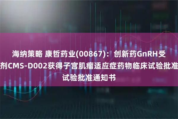 海纳策略 康哲药业(00867)：创新药GnRH受体拮抗剂CMS-D002获得子宫肌瘤适应症药物临床试验批准通知书